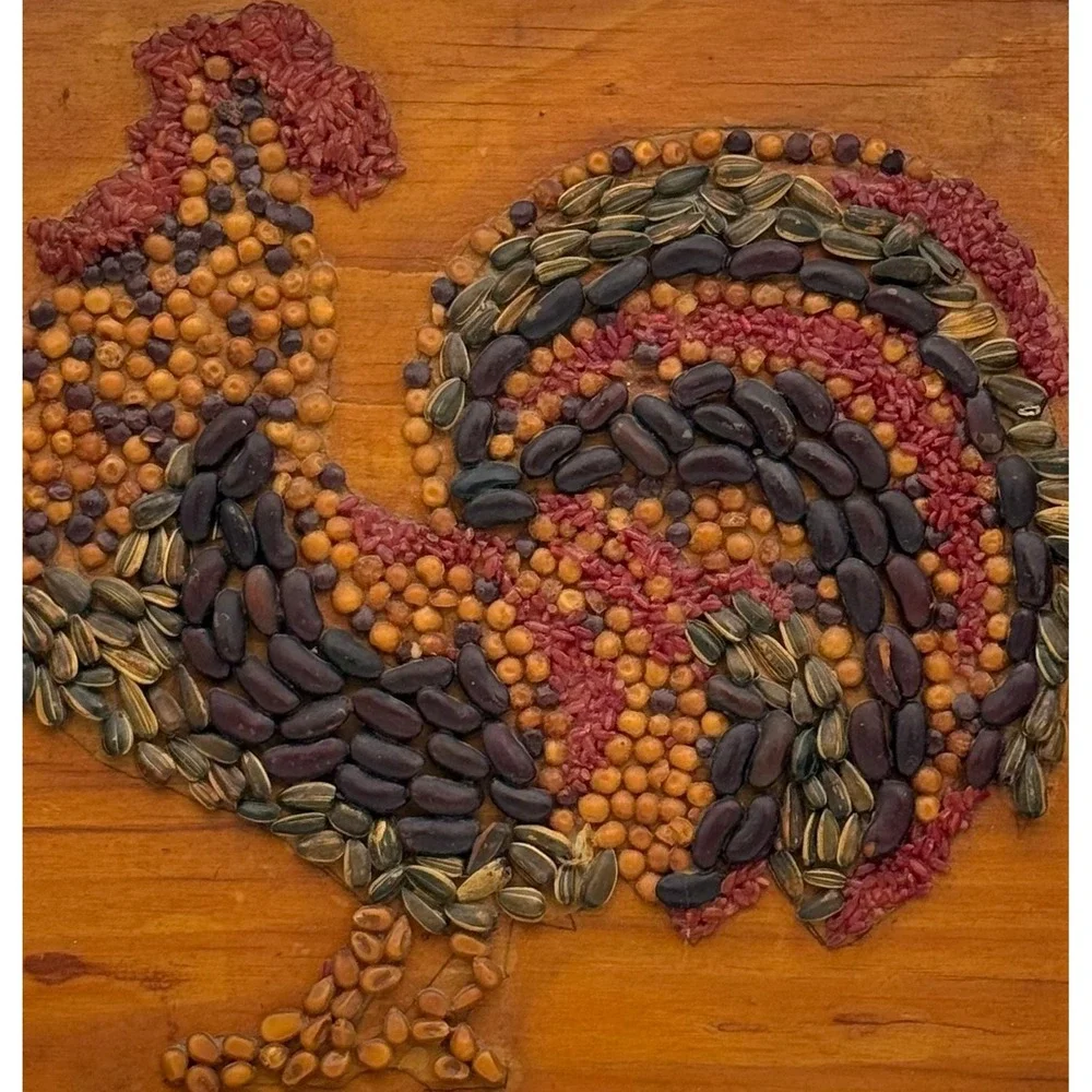 Vintage Seed Art Rooster Mosaic Framed FolkArt Brenda Wade Farmhouse Decor 12x12